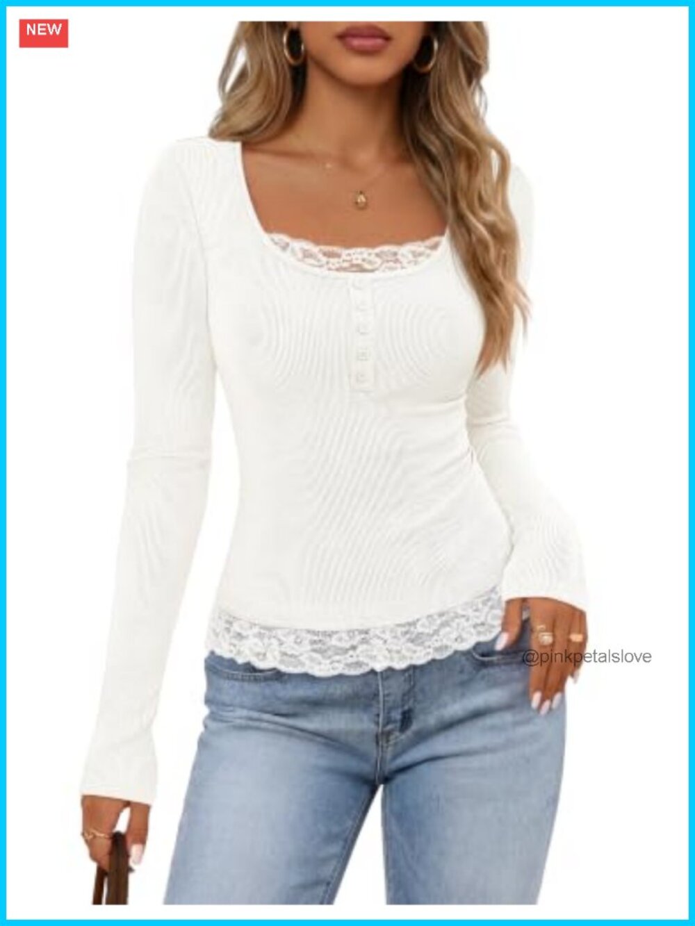 Lace Trim Long Sleeve Scoop Neck Top Fitted Ribbed Knit Faux Button Henley